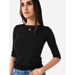 Vince Womens T-Shirt Large Ribbed Black Elbow Sleeve Crew Neck Closet Staple